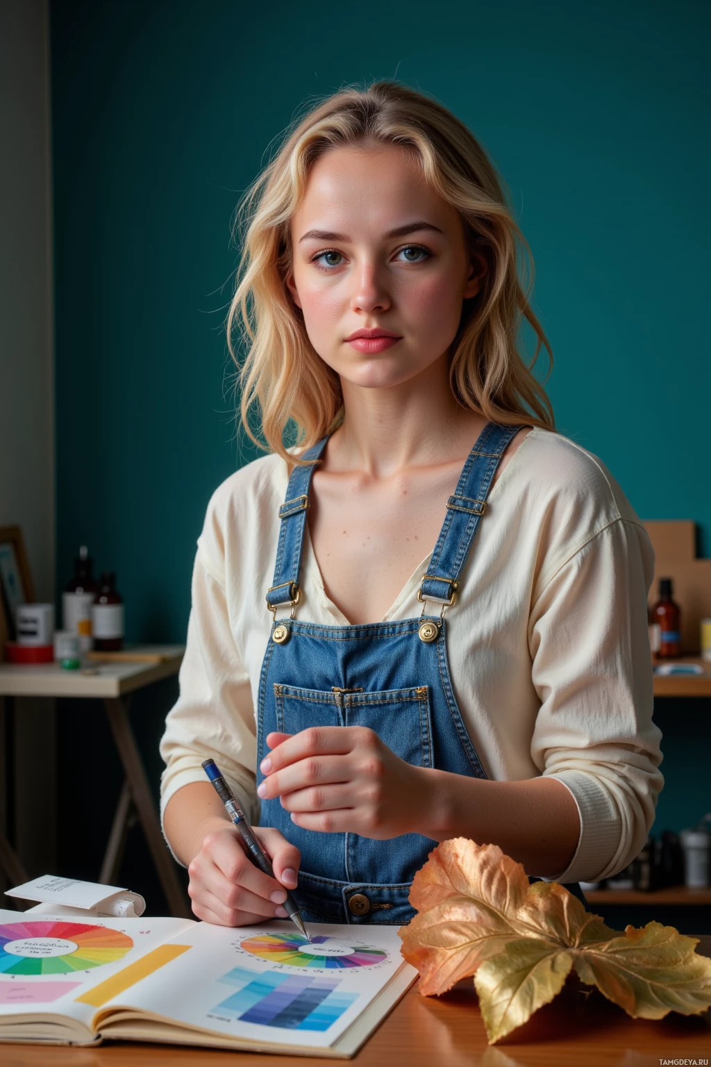 A person wearing a white shirt and denim overalls is sitting at a desk with a color wheel and a leaf.