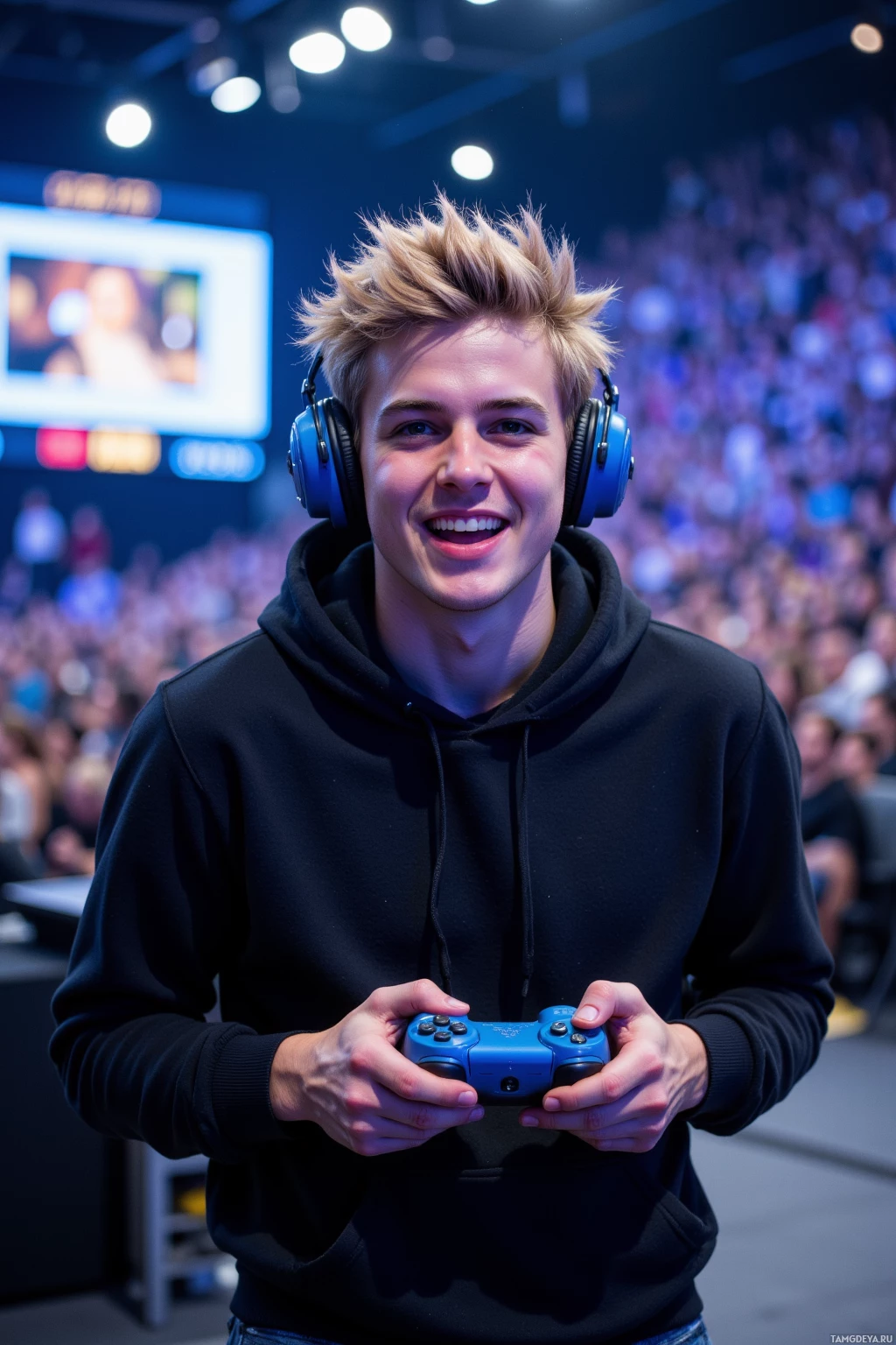 A person wearing a black hoodie and blue headphones holds a gaming controller in front of a crowd.