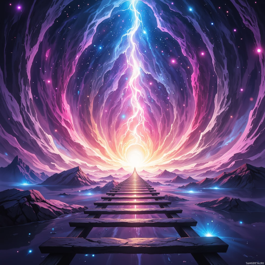 A surreal landscape featuring a glowing staircase leading towards a radiant sky with swirling clouds and stars.