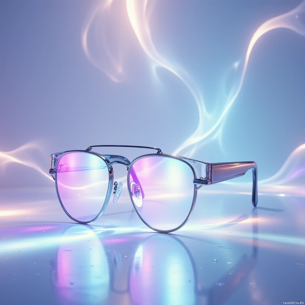 A pair of stylish glasses with reflective lenses is placed on a glossy surface against a soft, pastel-colored background.