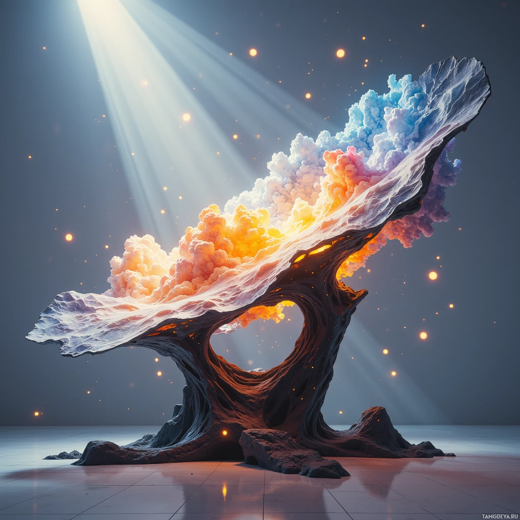 A surreal, ethereal landscape featuring a glowing, cloud-like formation with rays of light and floating particles.