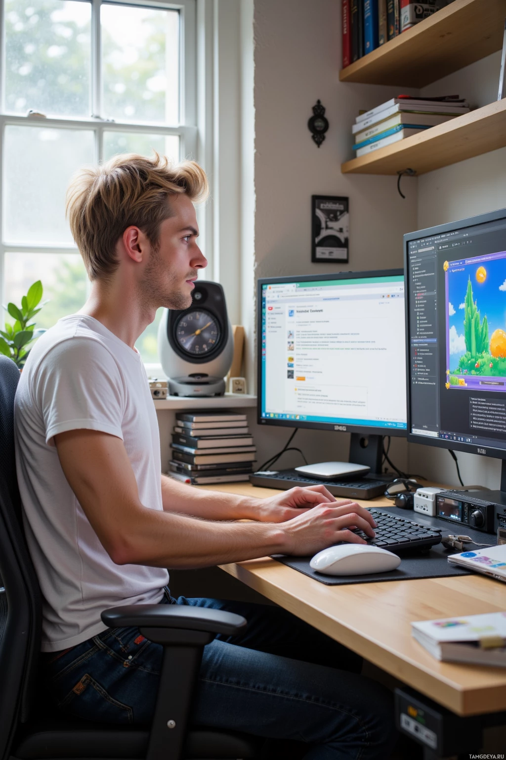 A person is sitting at a desk working on a computer with two monitors.