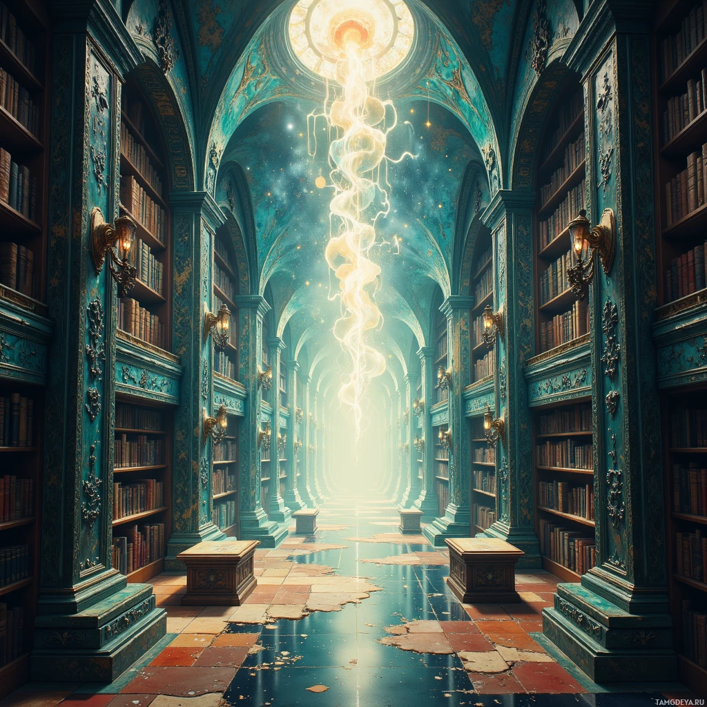 A grand library with ornate architecture and a glowing light source at the end of the corridor.