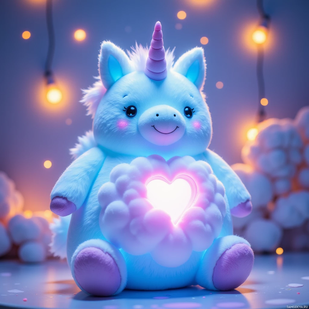 A plush unicorn toy with a glowing heart and soft, fluffy texture.