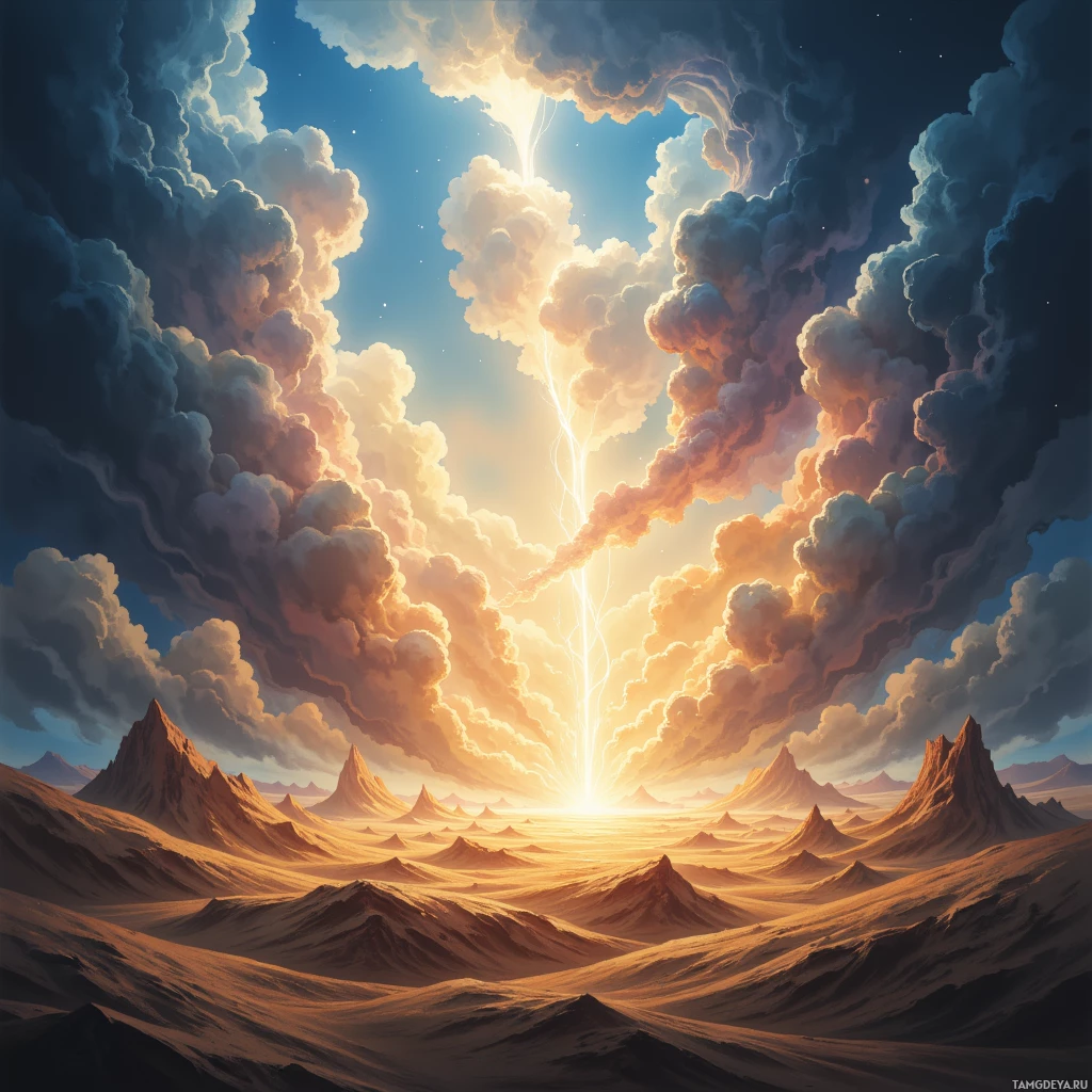 A dramatic landscape featuring a bright light source breaking through dark clouds, casting a radiant glow over rugged, desert-like terrain.