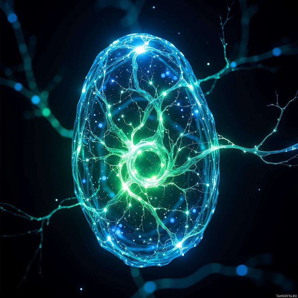A glowing, intricate neural network with blue and green lights against a dark background.