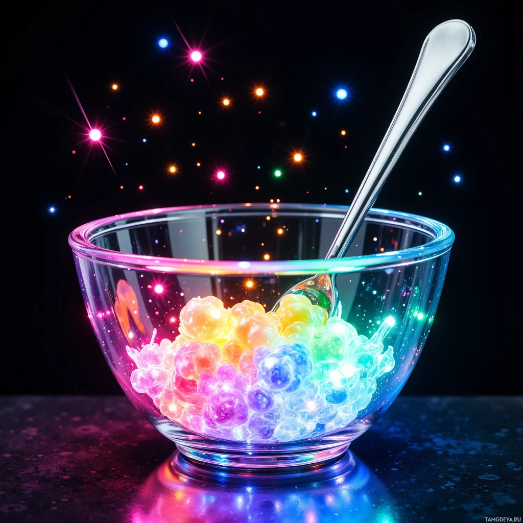 A glass bowl filled with glowing, colorful, translucent spheres, accompanied by a spoon, set against a dark background with scattered bright lights.