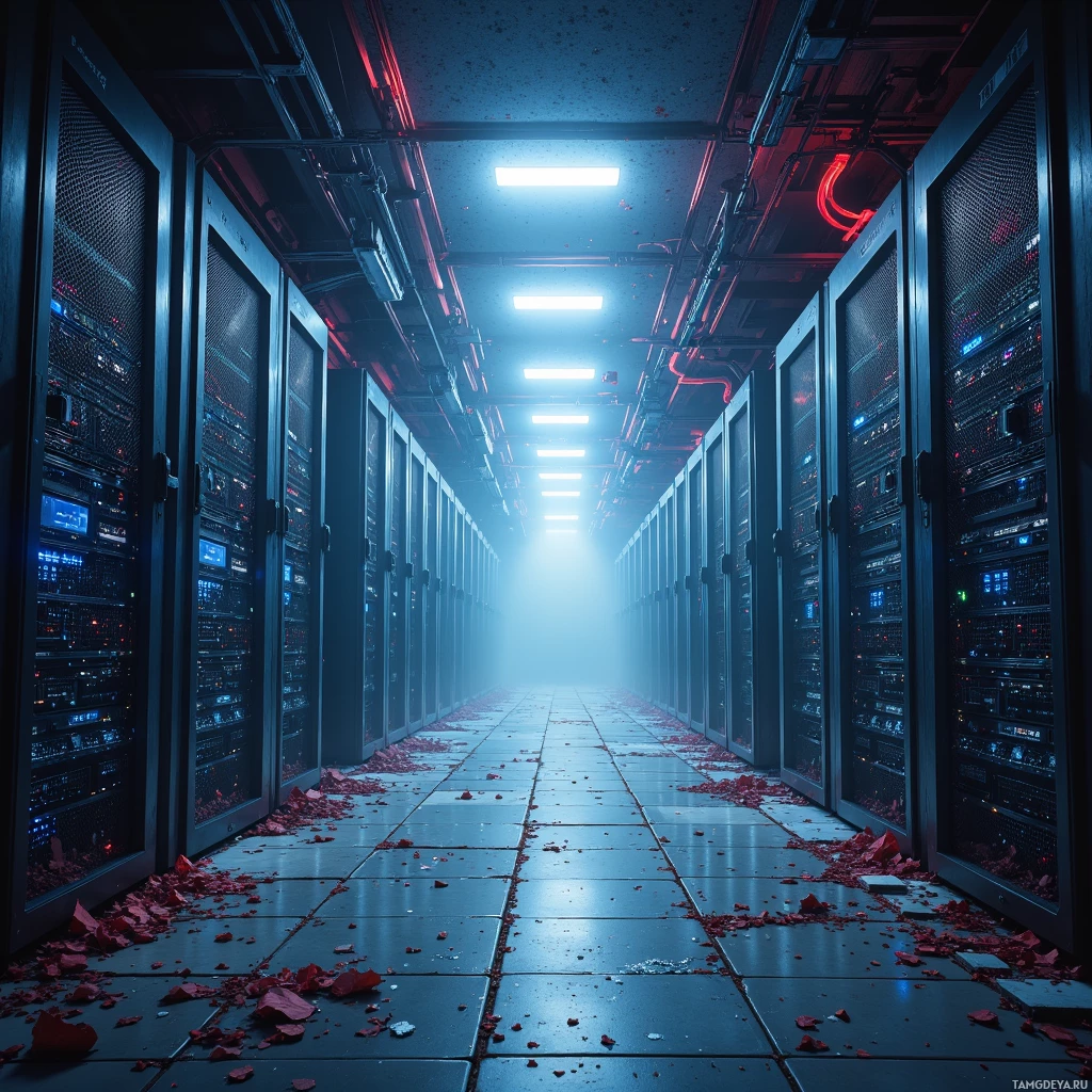 A dimly lit server room with rows of server racks and scattered debris on the floor.