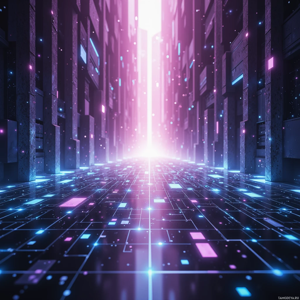A futuristic cityscape with glowing neon lights and a bright light source at the end of a corridor.