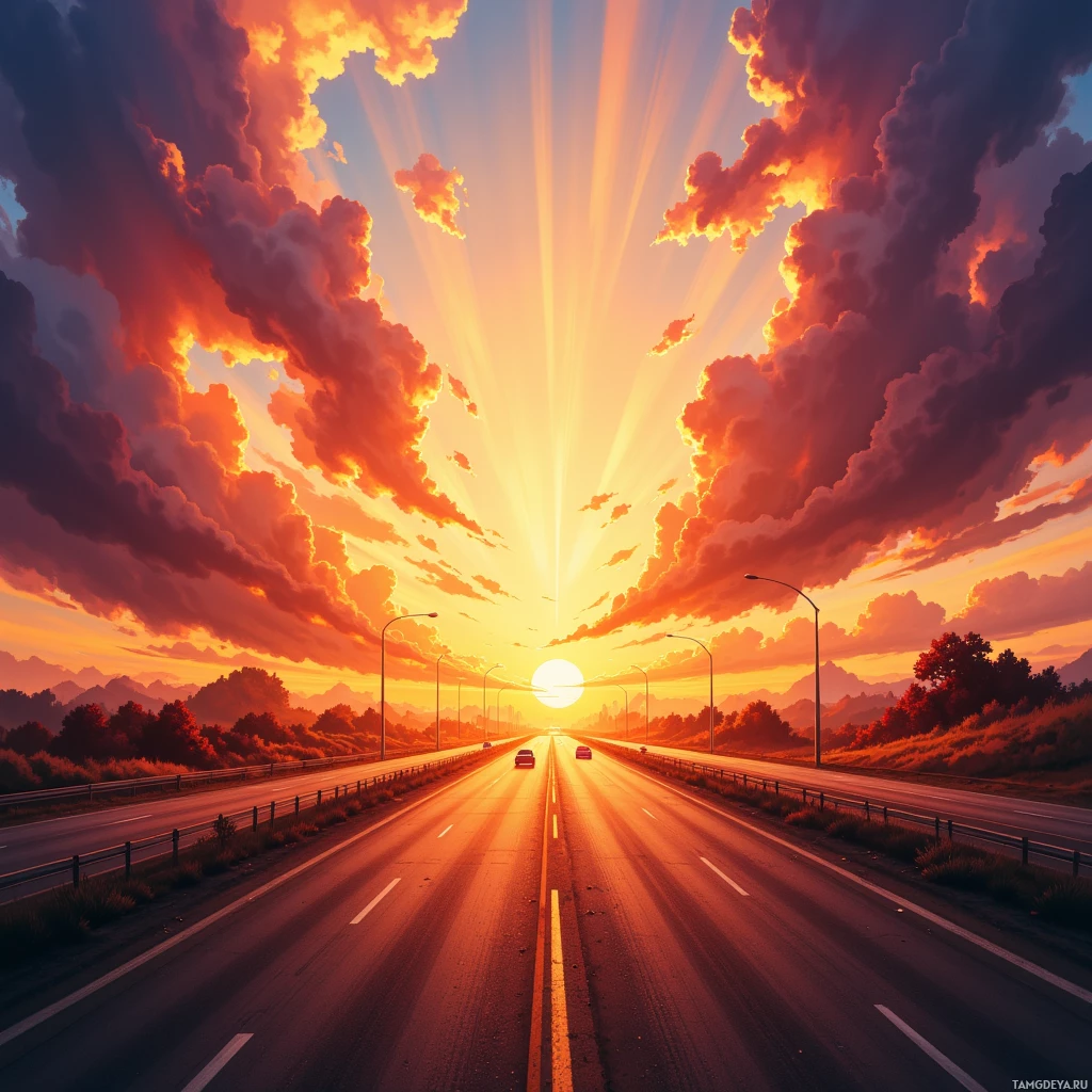 A scenic highway stretches into the distance under a vibrant sunset sky.