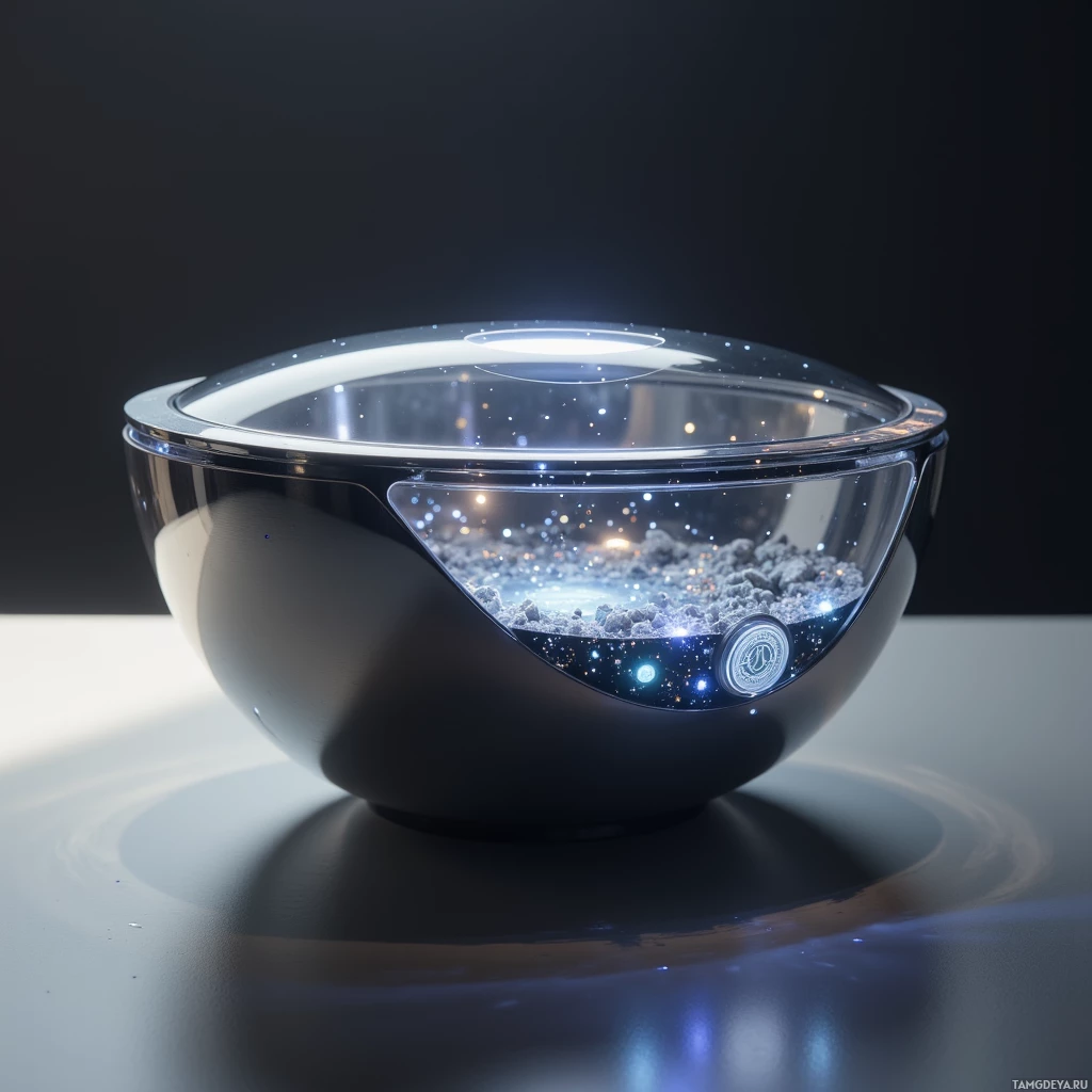 A reflective bowl containing a miniature galaxy with stars and planets.