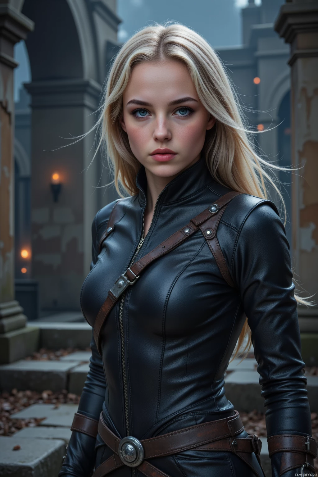 A person in a black leather outfit stands in an urban setting with stone architecture and dim lighting.