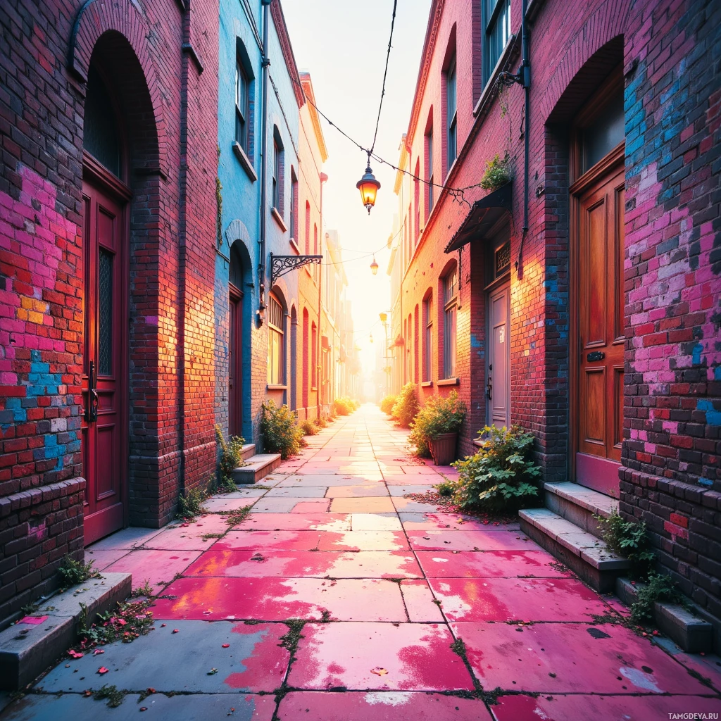 A narrow alleyway lined with brick buildings and illuminated by warm sunlight.