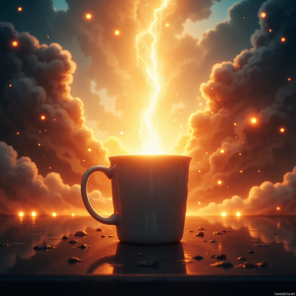 A glowing mug sits on a reflective surface with a dramatic sky and lightning in the background.