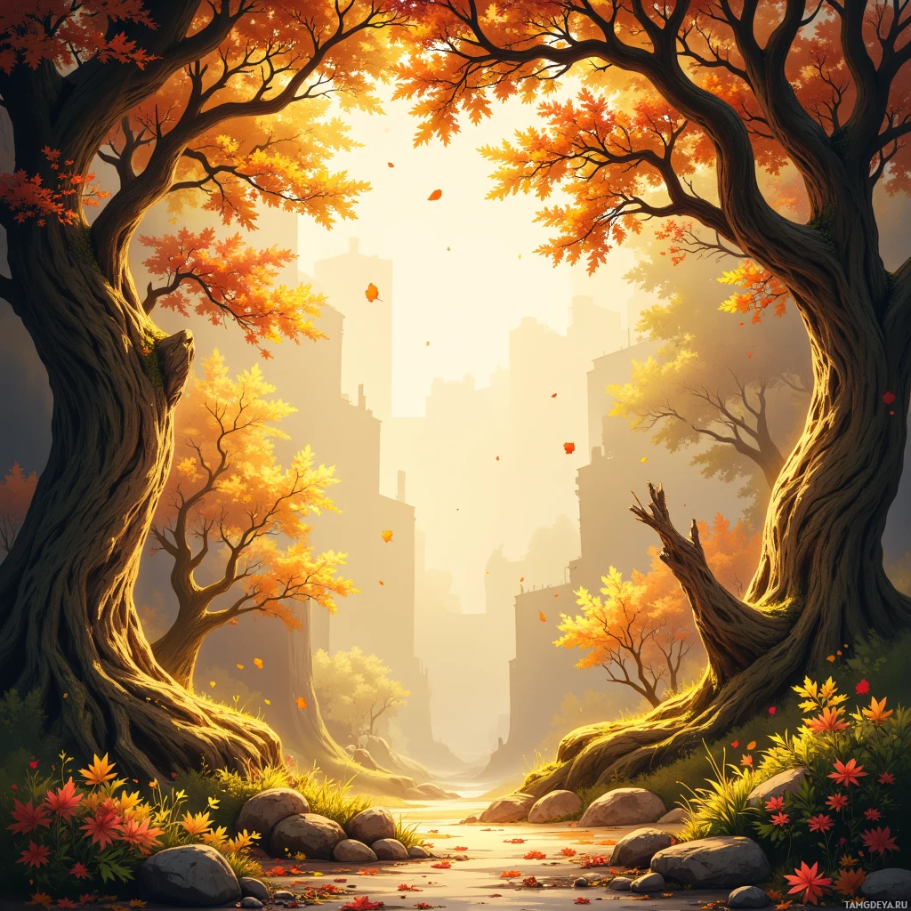 A serene autumn scene with golden leaves falling from trees and a path leading into a misty cityscape.