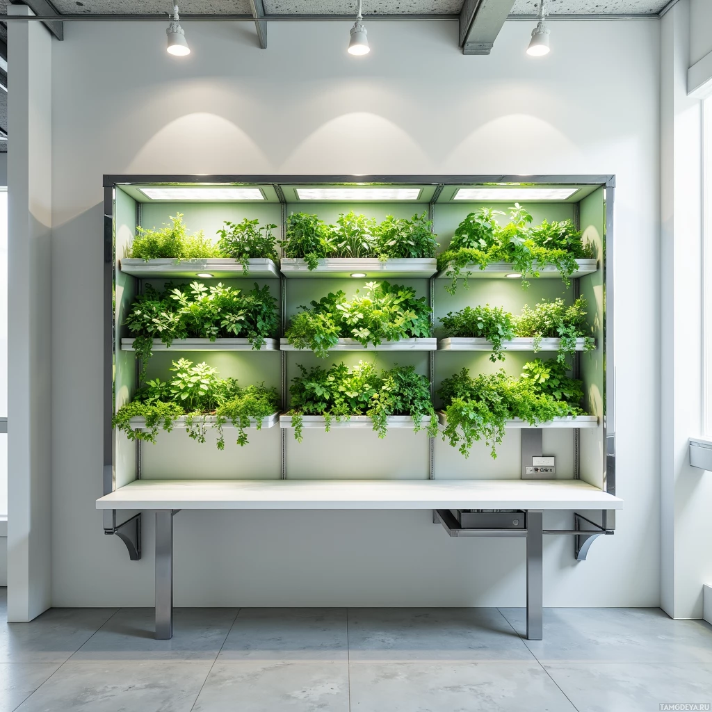 An indoor vertical garden with multiple shelves of green plants illuminated by overhead lights.