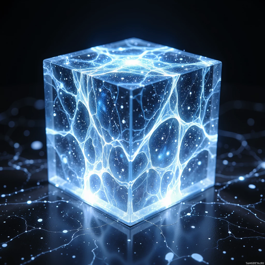 A glowing, transparent cube with intricate, glowing blue lines and particles inside, set against a dark background.
