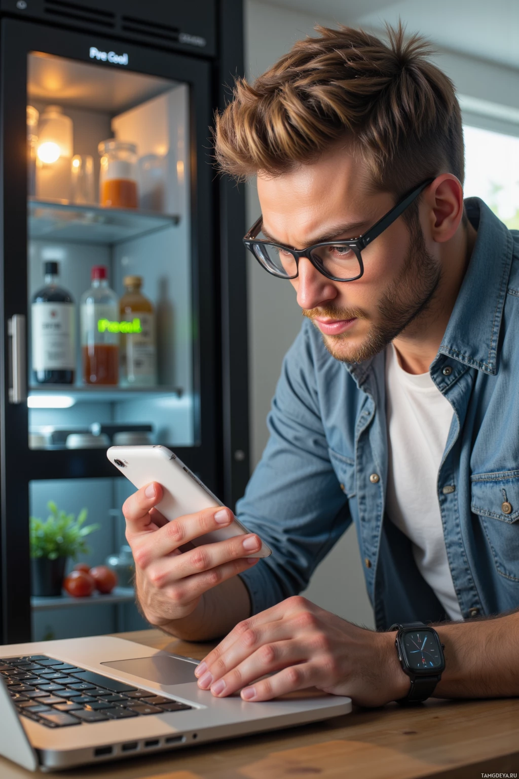 A man wearing glasses and a denim shirt is using a smartphone while sitting at a table with a laptop.