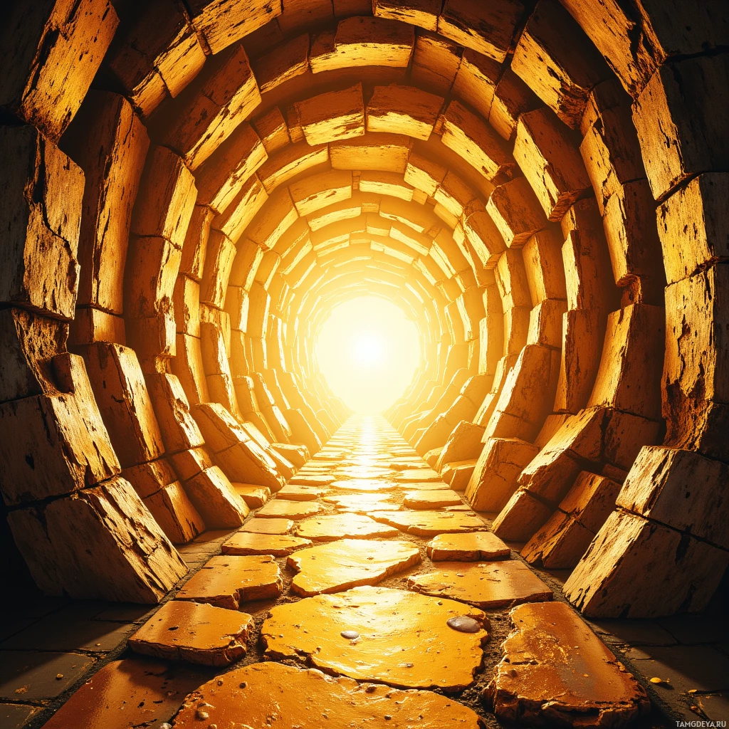 A stone tunnel with a bright light at the end.