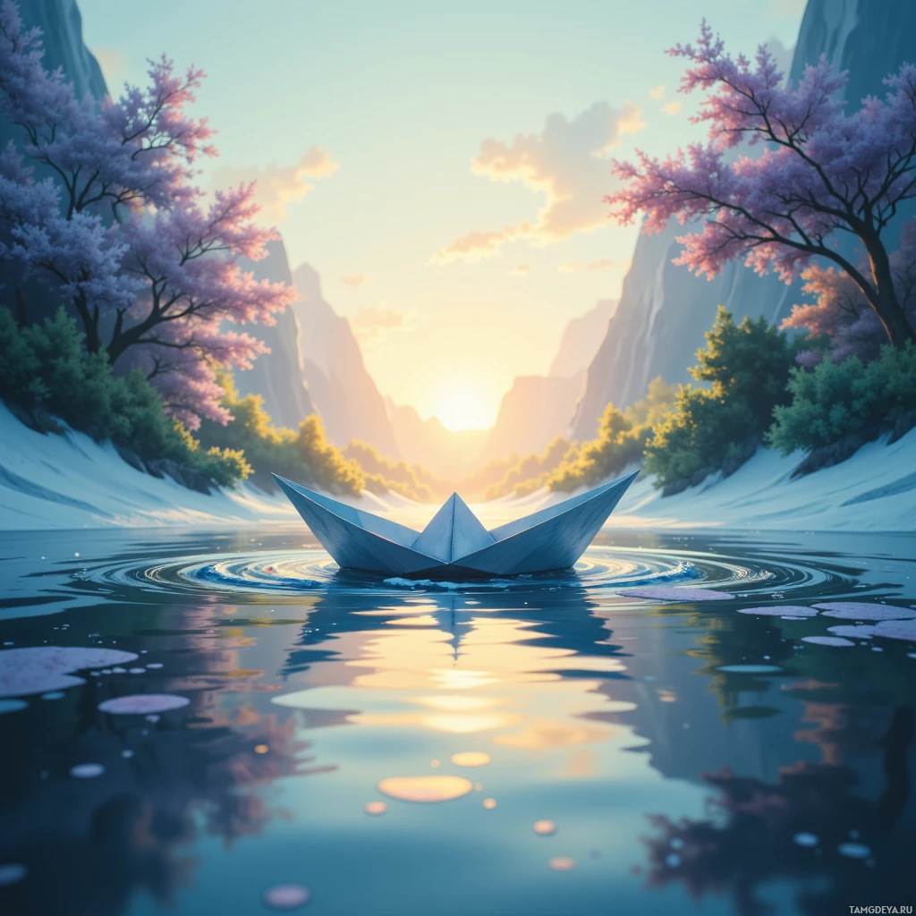 A serene scene featuring a paper boat floating on calm water with cherry blossoms and mountains in the background.