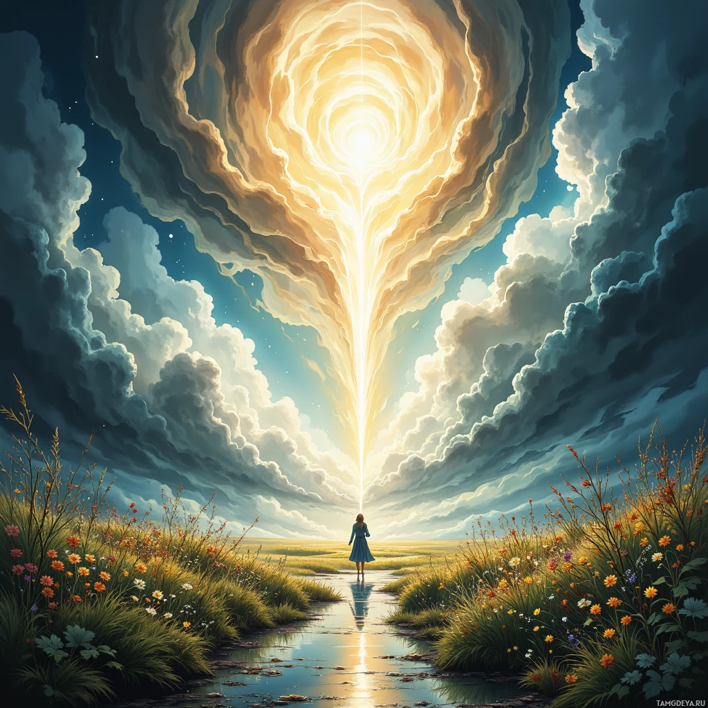 A serene landscape features a person standing at the end of a path leading towards a radiant, glowing portal in the sky.