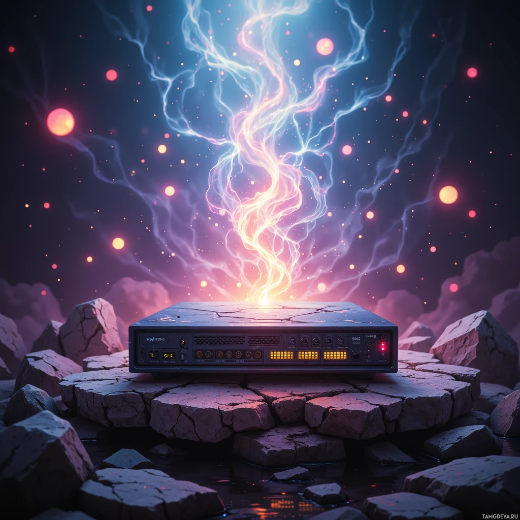 A glowing, futuristic device emits electric energy amidst rocky terrain under a starry sky.