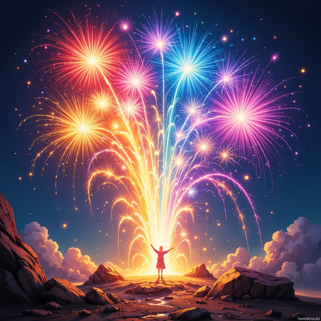A person stands on a rocky landscape under a vibrant sky filled with colorful fireworks.
