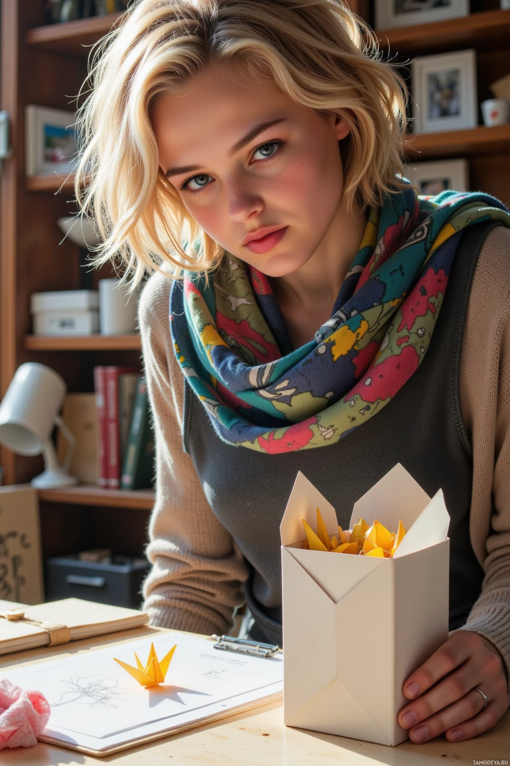 A person wearing a colorful scarf sits at a desk with a notebook and origami crane.