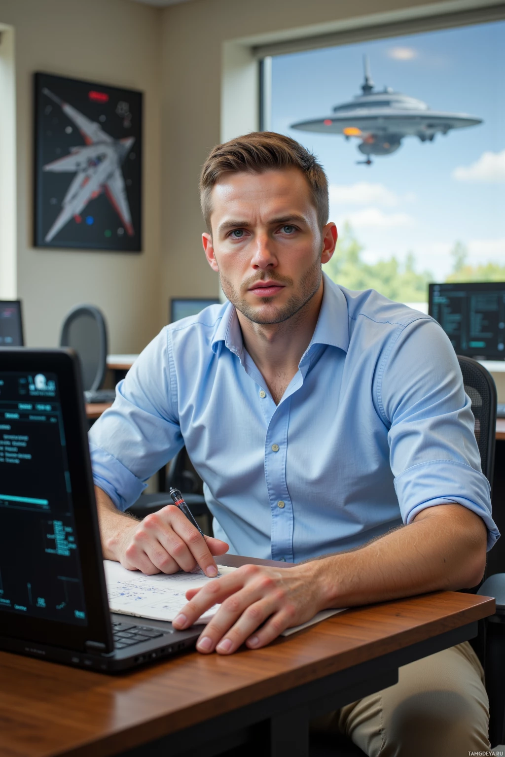 A man in a light blue shirt sits at a desk with a laptop, taking notes.