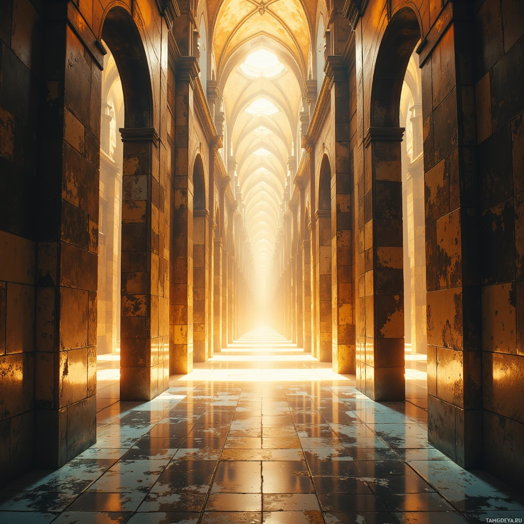 A long, narrow corridor with arched ceilings and warm sunlight streaming through the end.