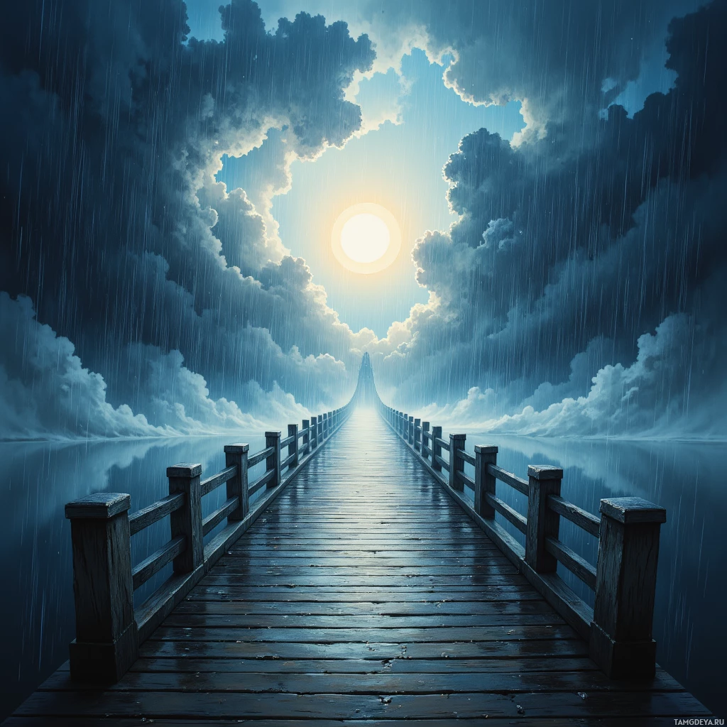 A rainy scene with a wooden bridge leading towards a bright sunlit horizon.