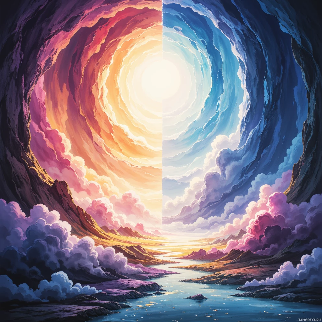 A vibrant, surreal landscape featuring a swirling vortex of colors and a bright light at its center.