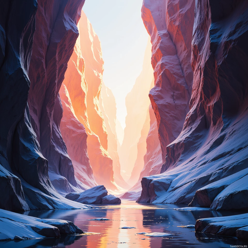 A serene canyon with towering red rock walls and a calm body of water reflecting the sky.