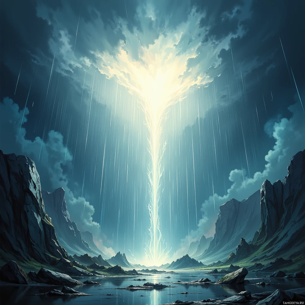 A dramatic landscape featuring a bright light source shining down from the sky, surrounded by towering mountains and falling rain.