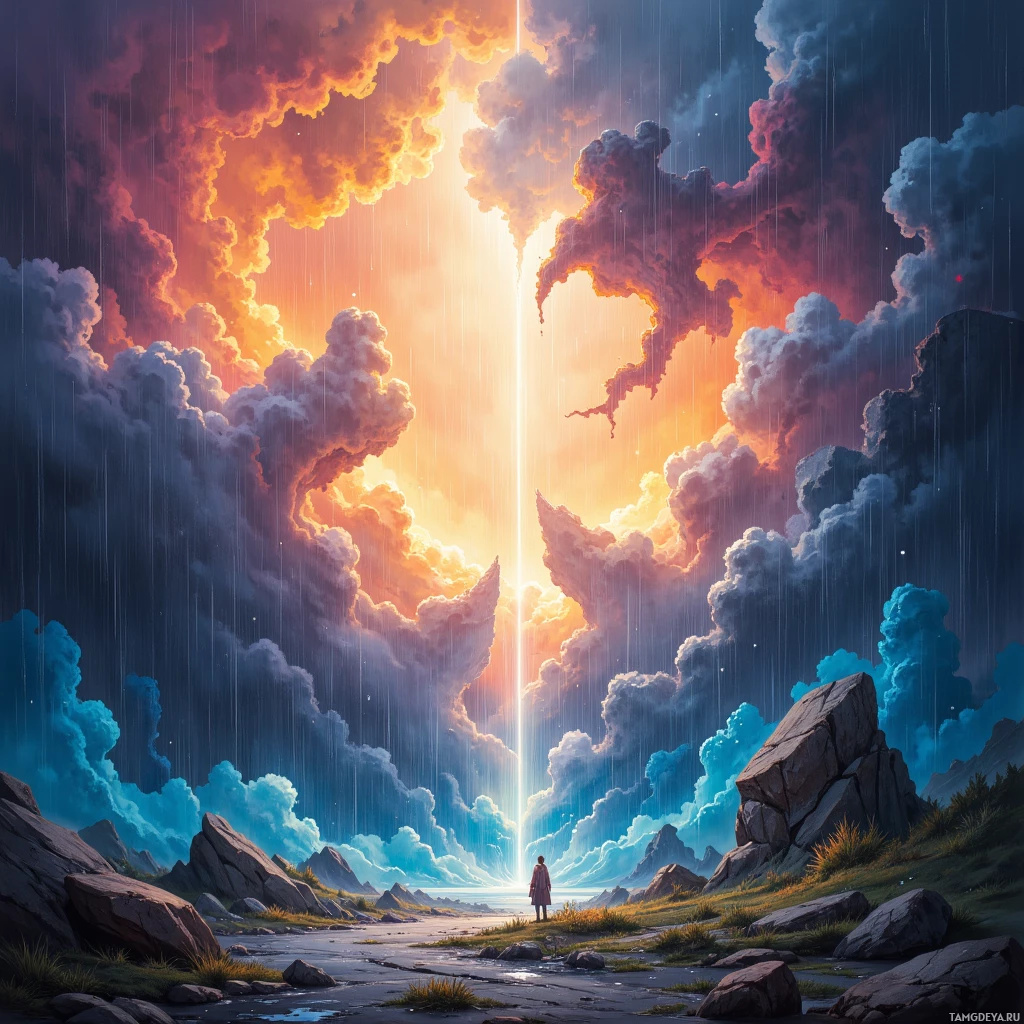 A lone figure stands on a rocky path under a dramatic sky filled with vibrant clouds and rain.