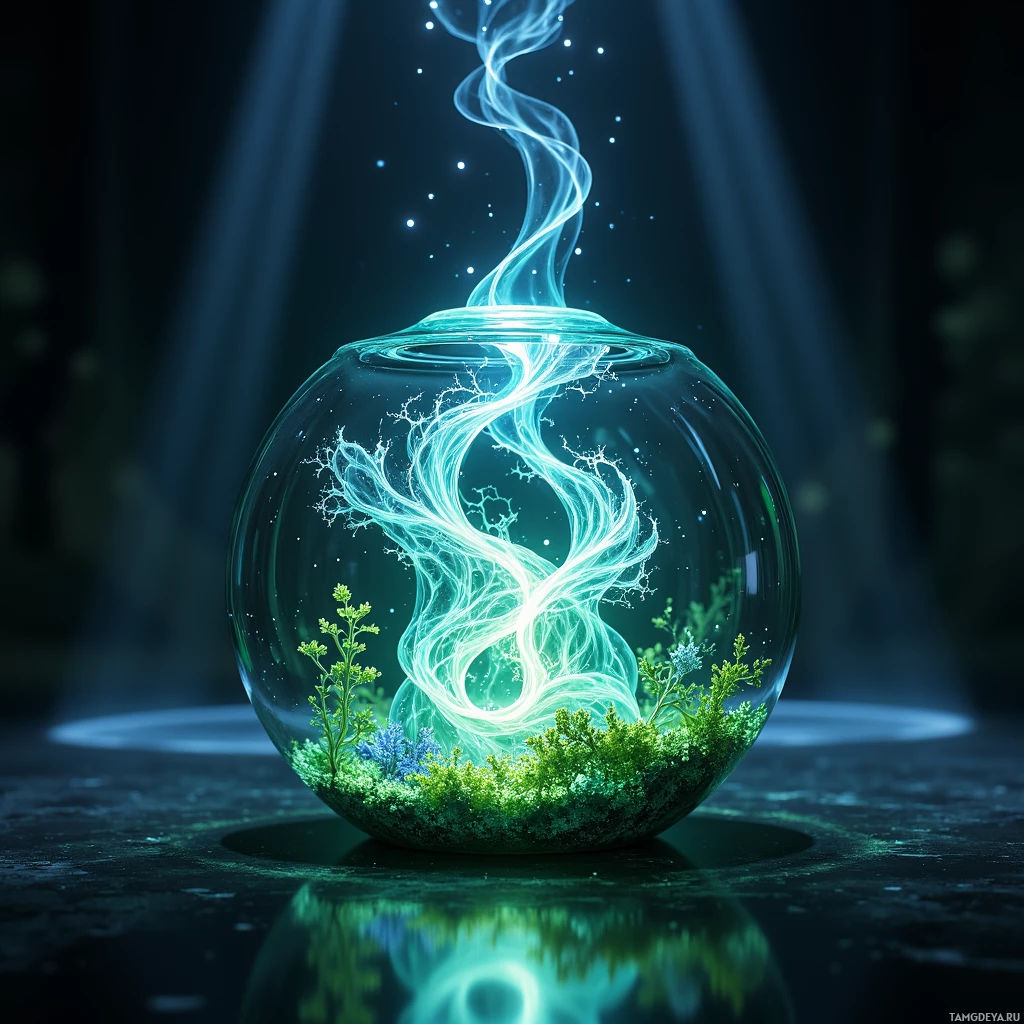 A glowing, ethereal plant inside a glass sphere with a swirling, luminous energy above it.