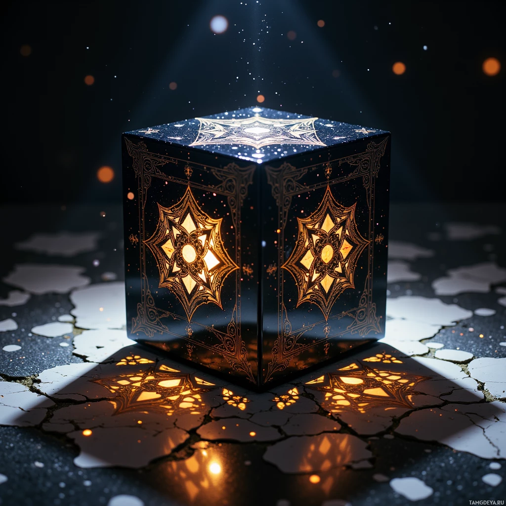A glowing, ornate cube with intricate designs sits on a cracked surface, casting light and shadows.