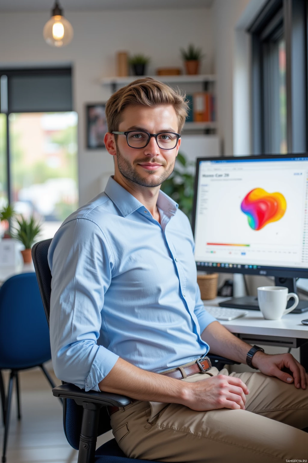 A man in a light blue shirt sits at a desk in a modern office, smiling at the camera.