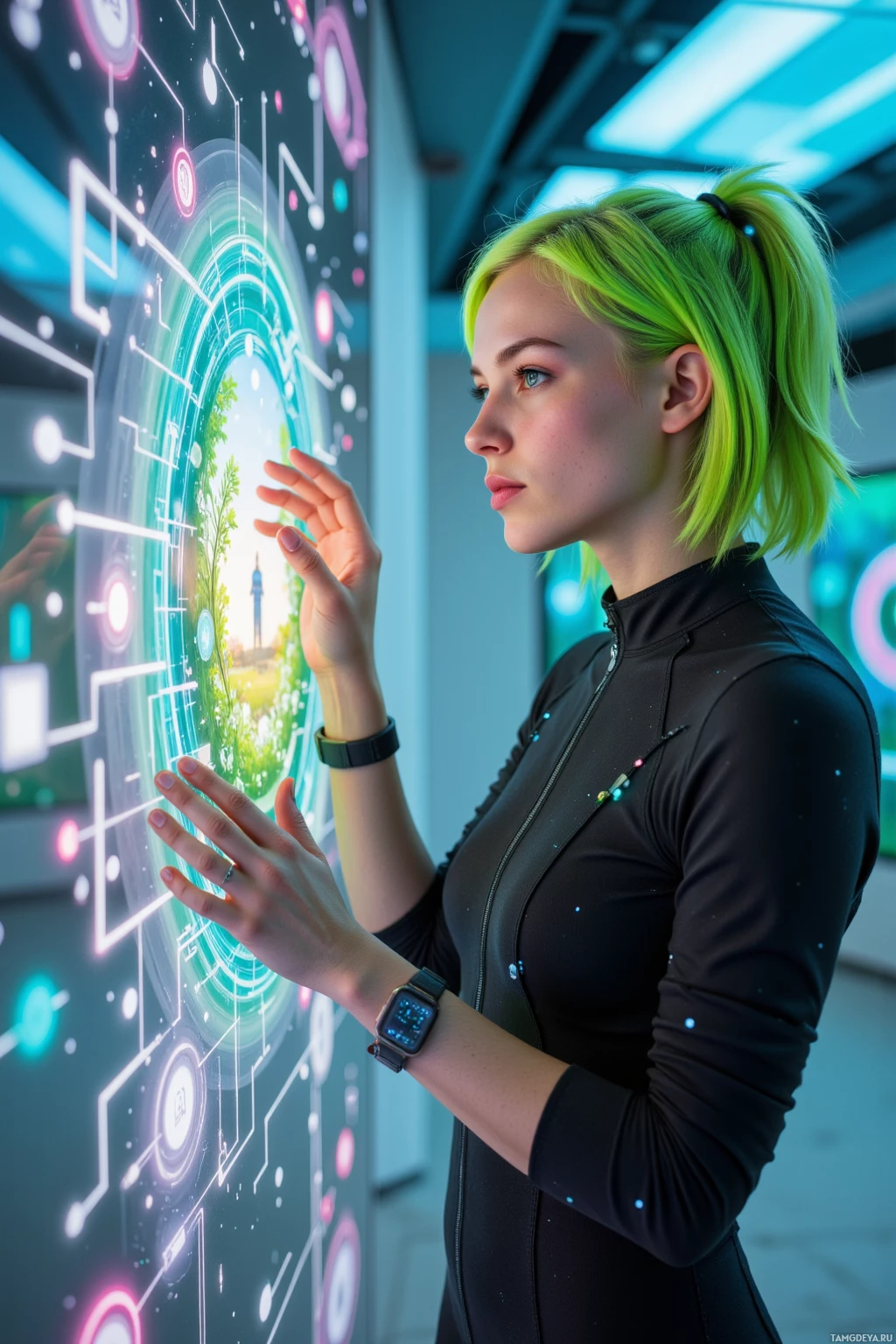 A person in a black outfit interacts with a futuristic, illuminated interface.