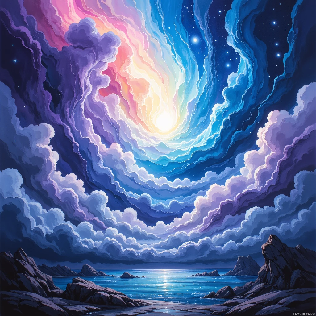 A vibrant night sky with swirling clouds and a glowing celestial light over a serene body of water and rocky shore.