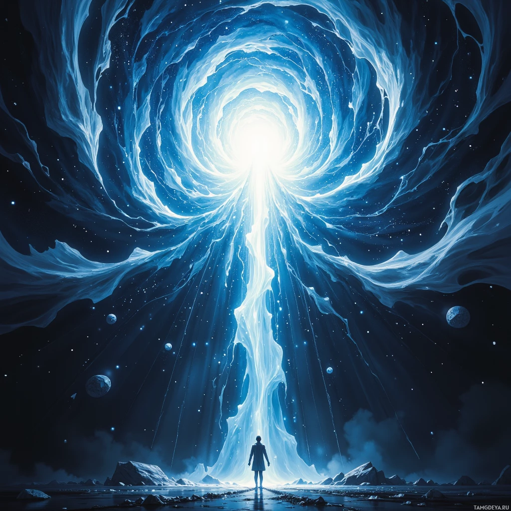 A lone figure stands before a glowing, cosmic portal in a starry, ethereal landscape.