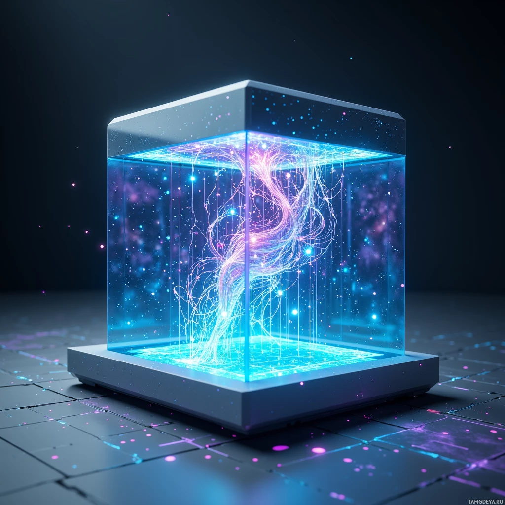 A glowing, futuristic cube with intricate, neon-lit patterns inside, set against a dark, grid-like background.