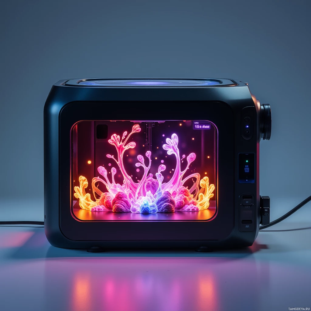 A futuristic device displays vibrant, abstract, glowing patterns on its screen.