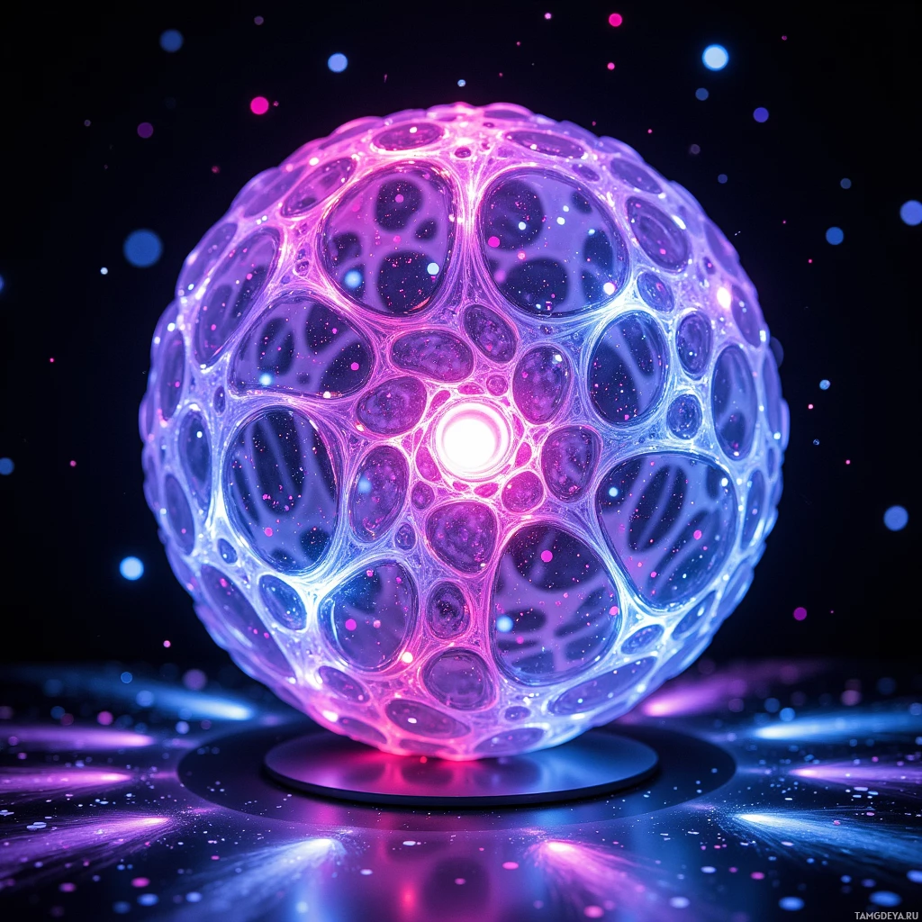 A glowing, translucent sphere with a complex, bubble-like structure emits vibrant purple and blue light against a dark, starry background.