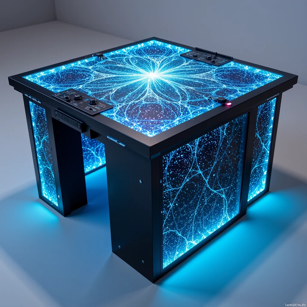 A futuristic table with glowing blue patterns and control panels.