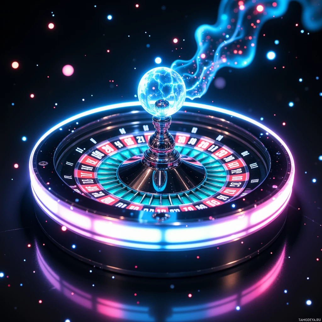 A futuristic roulette wheel with glowing neon lights and a glowing ball.