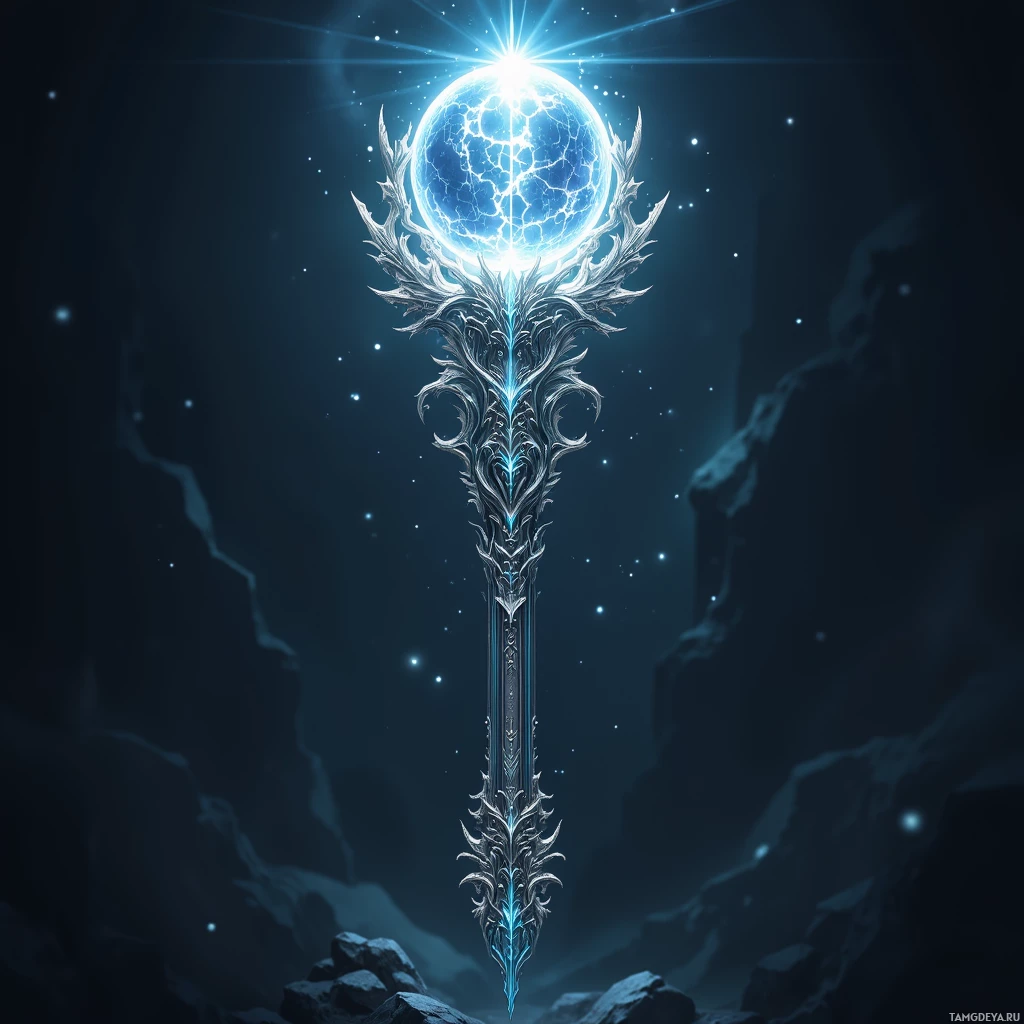 A glowing, ornate staff with a radiant blue orb at the top stands against a dark, starry night sky.
