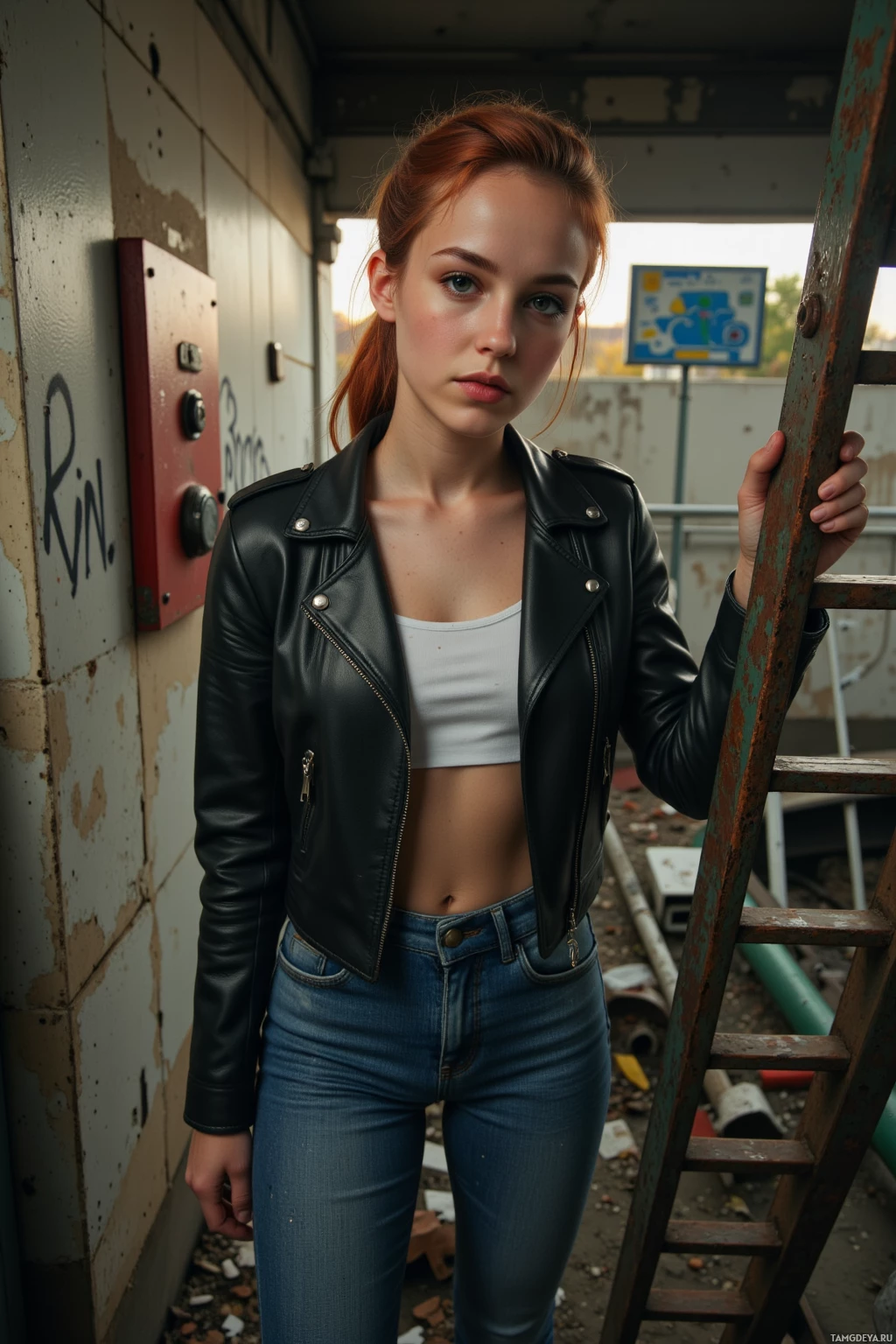A person wearing a black leather jacket and jeans stands in an industrial setting.