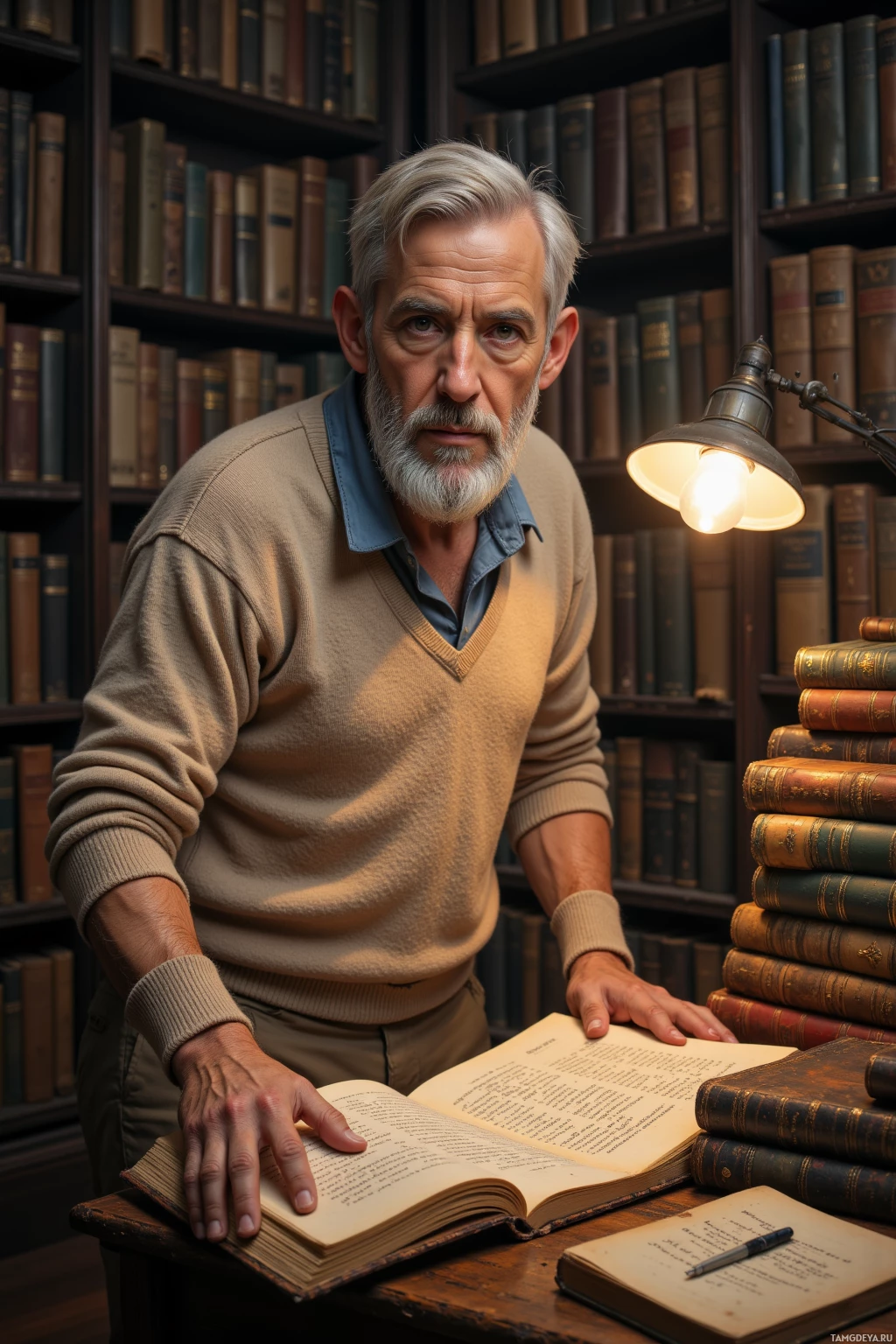 Пожилой мужчина с бородой склонился над столом в библиотеке, окруженный книгами.