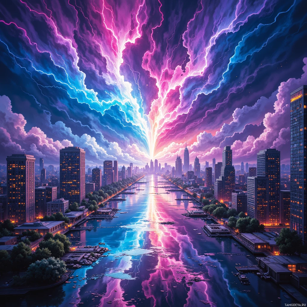 A vibrant cityscape with a river reflecting colorful lightning streaks in the sky.